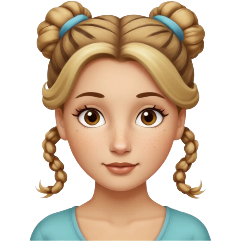creative women with long dark Blond with highlights semi curly hair white women with hair in a top bun(one bun not two), oval shape face hazel eyes long lashes freckles on the nose high cheek bones emoji