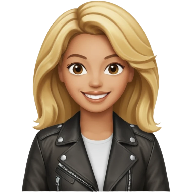 beyonce blonde hair jane wear leather jacket, smile happy emoji