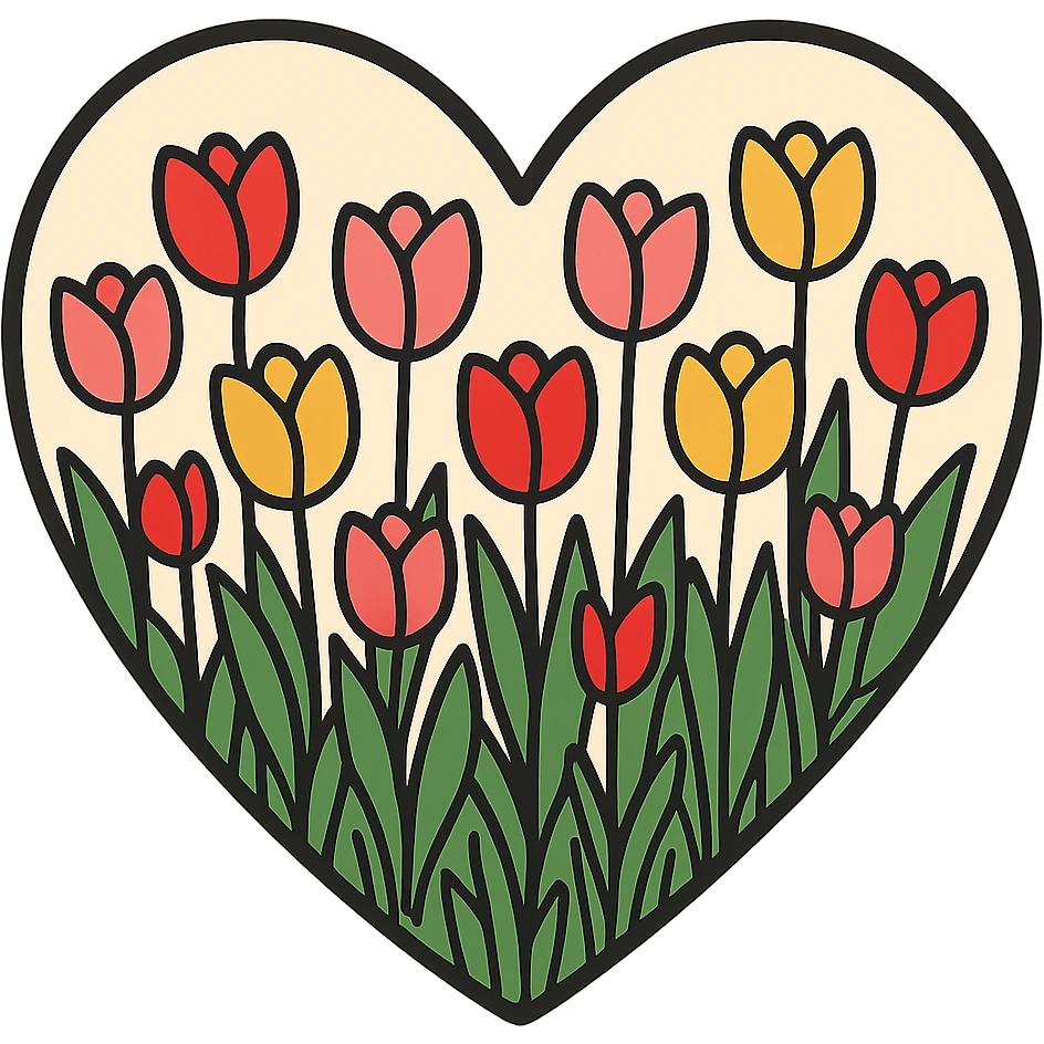 heart with a spring tulip garden, clean digital illustration emoji