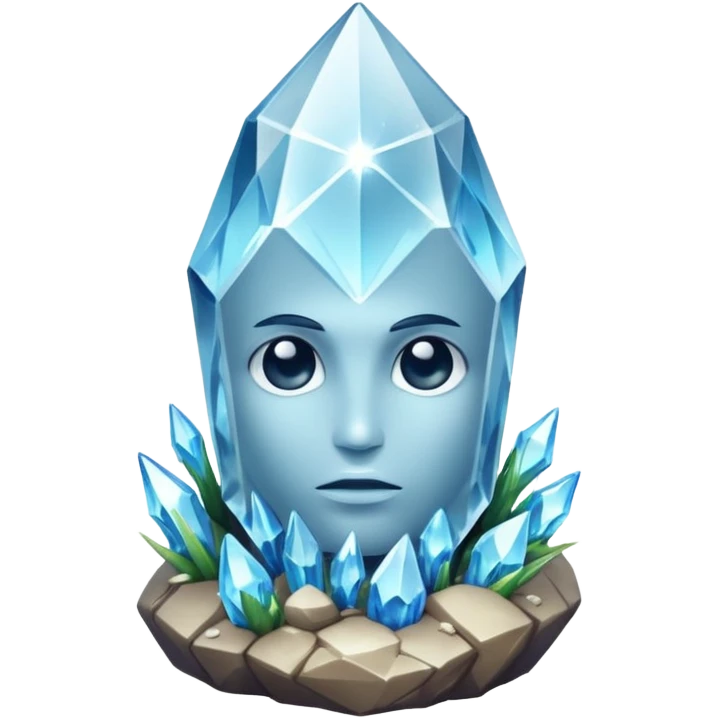 A single crystal rock inspired by a clear quartz cluster, amorph base with many tall transparent crystal spikes growing upward all around it with a face emoji