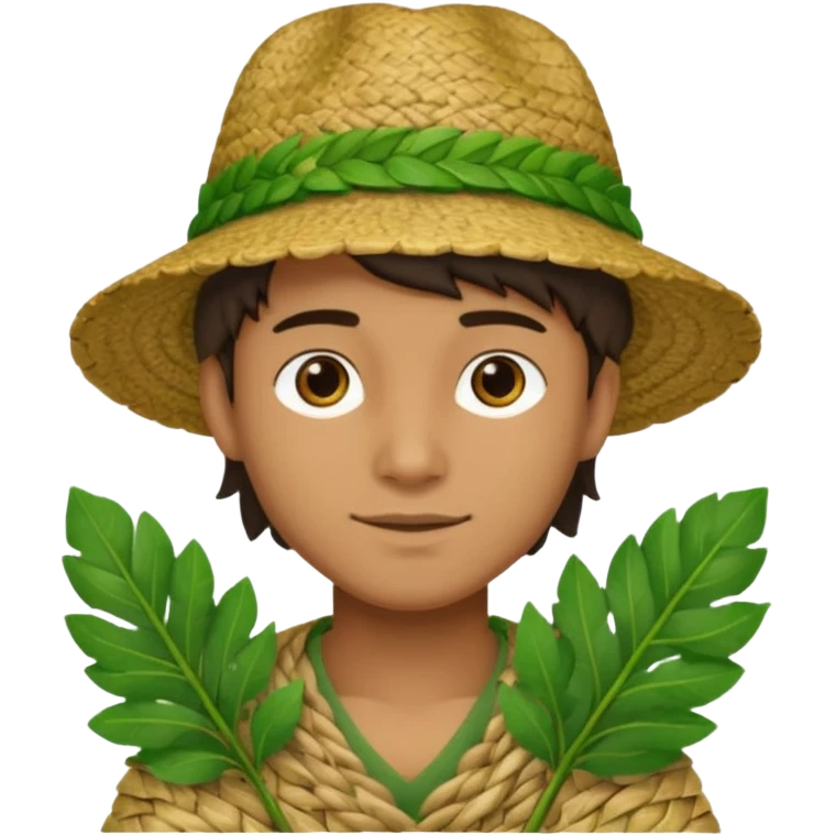 Adam, wearing a handmade hat woven from fresh green leaves, white background emoji