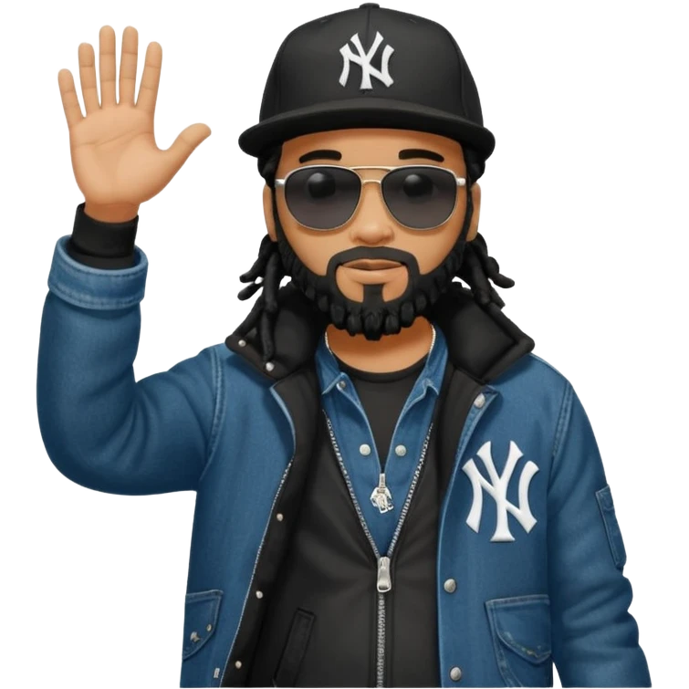 African American man with shoulder length black dreadlocks with black beard wearing black sunglasses wearing a black bubble winter coat wearing a black New York Yankees logo baseball cap wearing denim skinny jeans and timberland boots with waving someone bye emoji