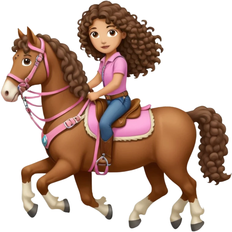 Realistic mixed race girl with long curly hair, riding a big draft horse (full body), wearing pink harness and saddle  emoji