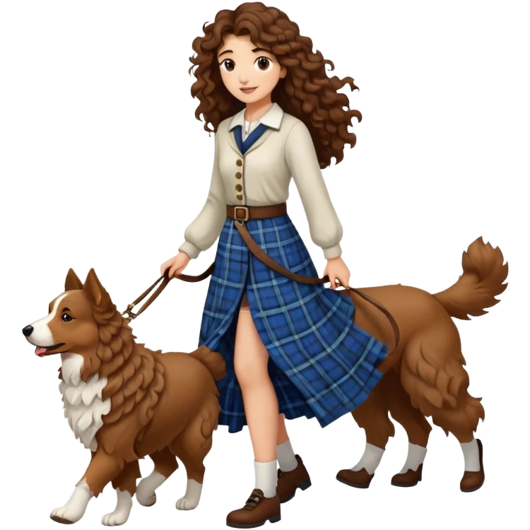 A girl with long curly hair walking a Scottish shepherd dog emoji