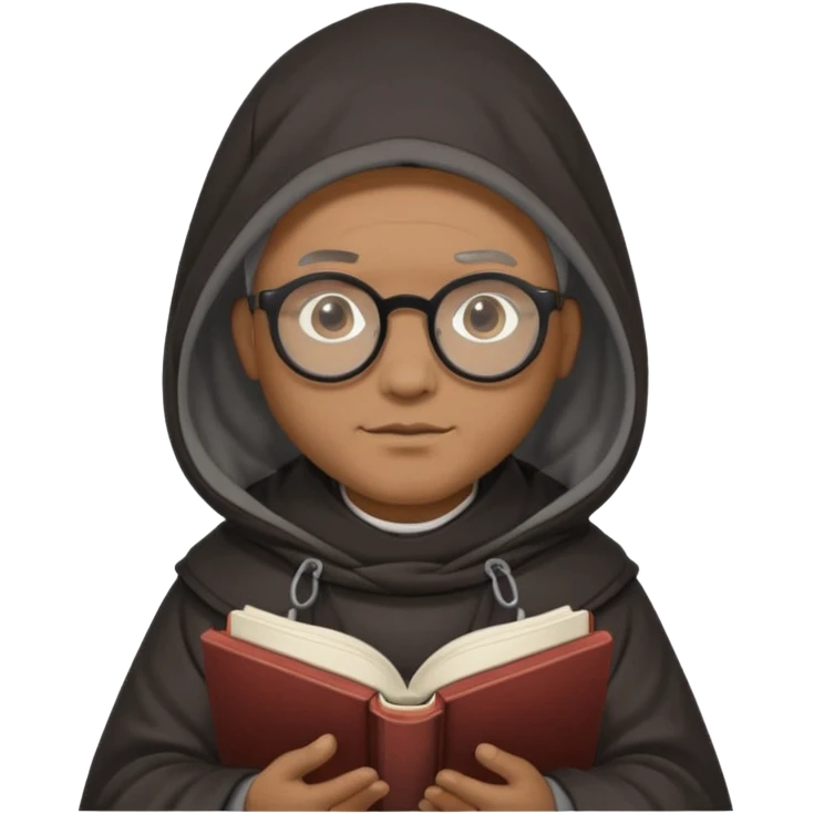 Monk priest prayer black habit with hood round black glasses done light brown wavy hair under hood remove the medallion smaller more round glassed age 46 no necklace more oval face hand holding book that says RB 480 top left is great add a little hair brown gray under hood  emoji