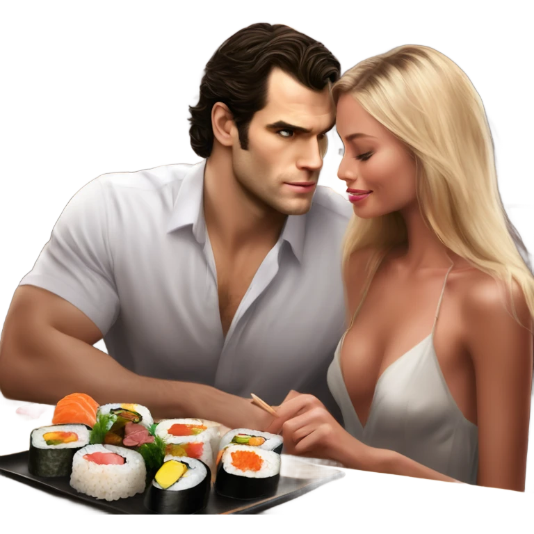realistic photo of Henry Cavill with a beautiful  victoria secret model on a candle lit sushi date emoji