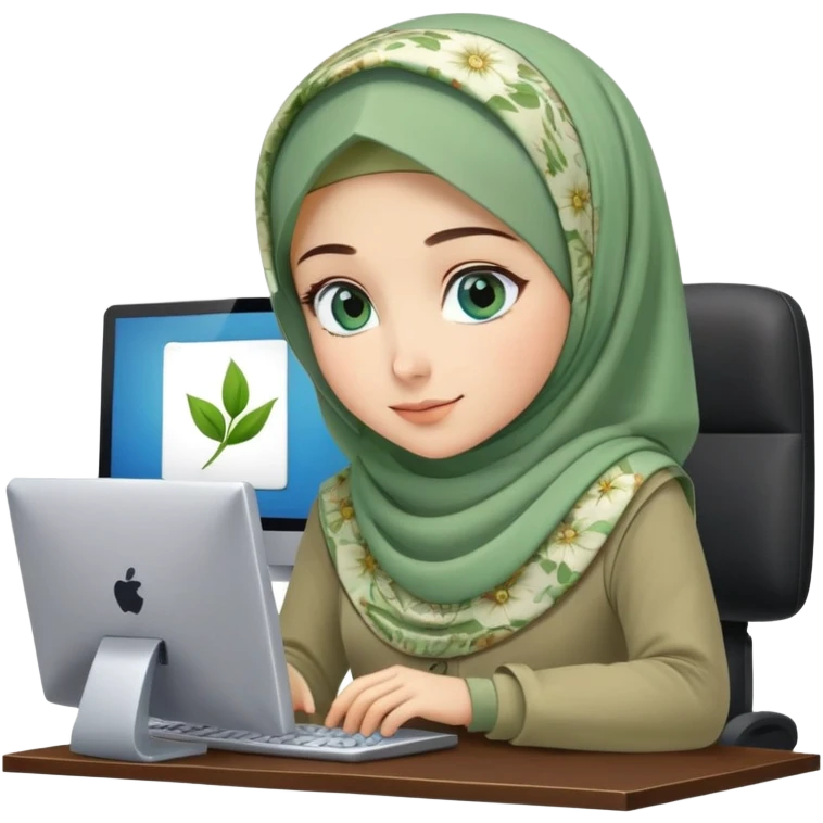 Turkish beautiful finish Konya girl blue eyes and green khaki hijab and light green floral dress and she work on office with computer emoji