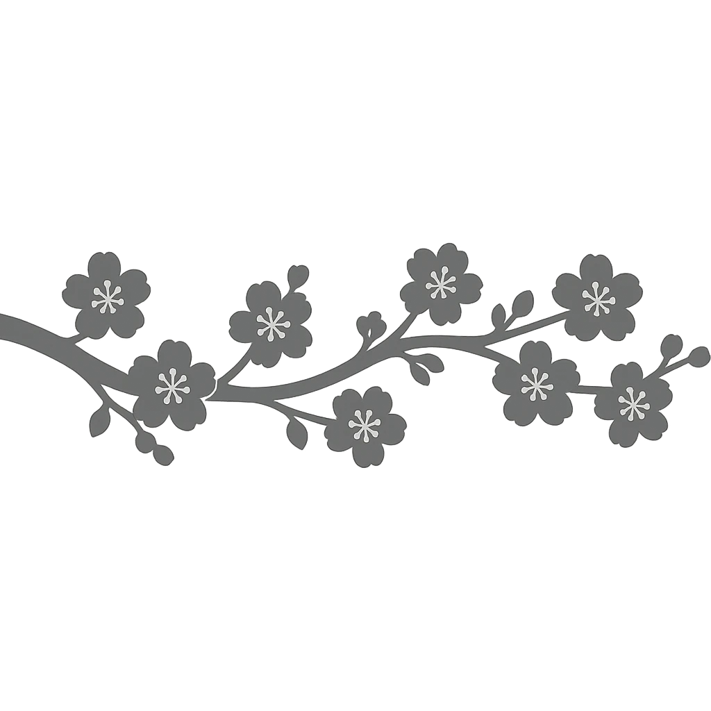 long single-color sakura branch in eastern style, smooth curve with flowers along entire length, no background, for sign decoration, 1200x100px emoji