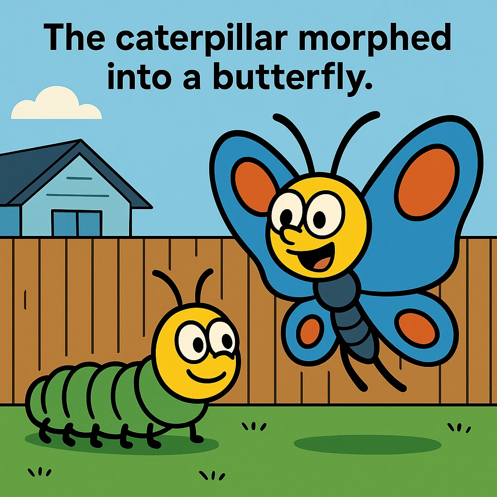 The caterpillar (a small, soft insect with many legs) morphed into a butterfly. emoji