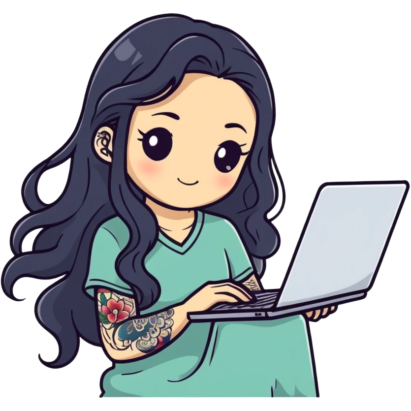 beautiful girl with tattoos, with long black hair, wavy hair, chinese, with laptop emoji