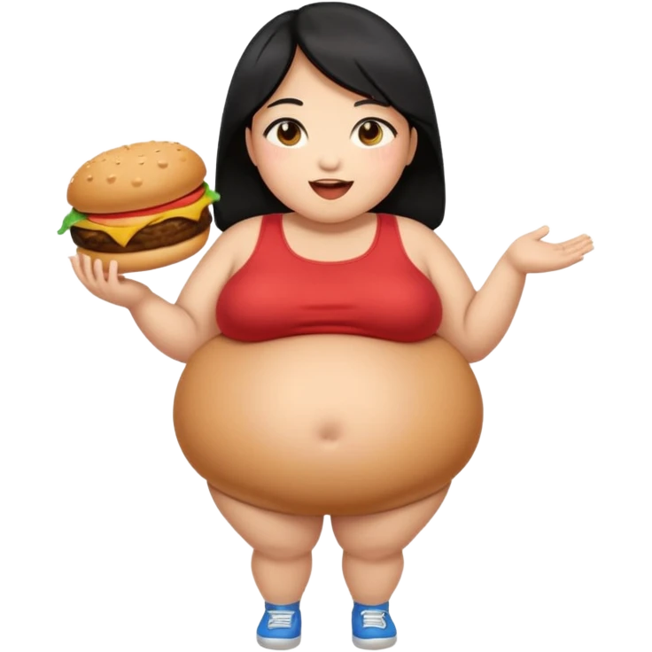 create a humongous asian girl with black hair, with 2 burgers and a cookie in her mouth, she is super obese, please make her a full body emoji, mega huge tummy   emoji