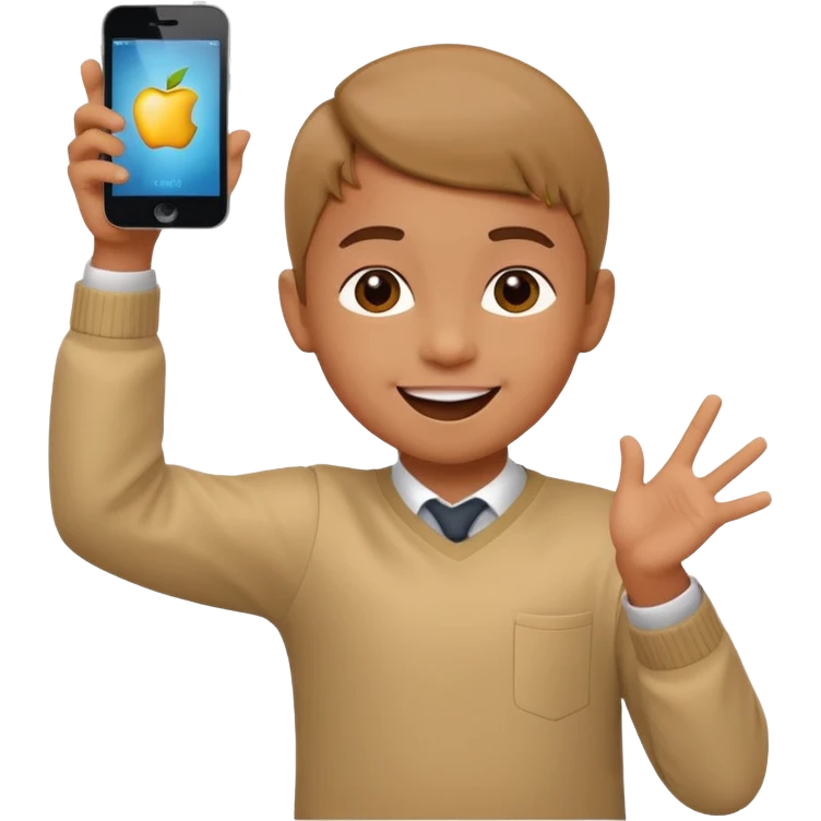 happy child dancing with a phone, one arm up, apple style emoji emoji
