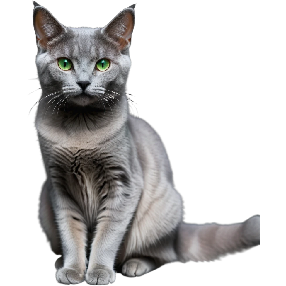 Elegant gray cat with smooth fur, large green eyes, serene expression, sitting facing camera emoji