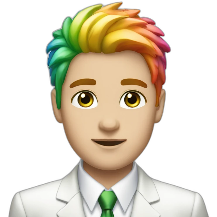 Posh-boy-with-white-suit-and-green-eyes-and-rainbow-unicorn-hair emoji