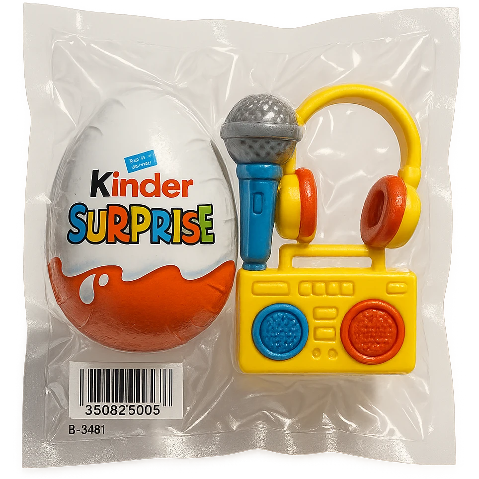 Kinder Surprise egg with standard wrapper next to toys: microphone, boombox, headphones, glossy vacuum-sealed style emoji