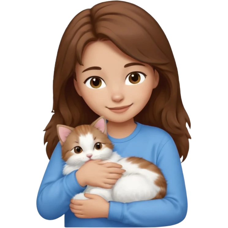 Create an emoji that has a girl wearing a blue shirt and brown hair snuggling a kitten. Smiling emoji