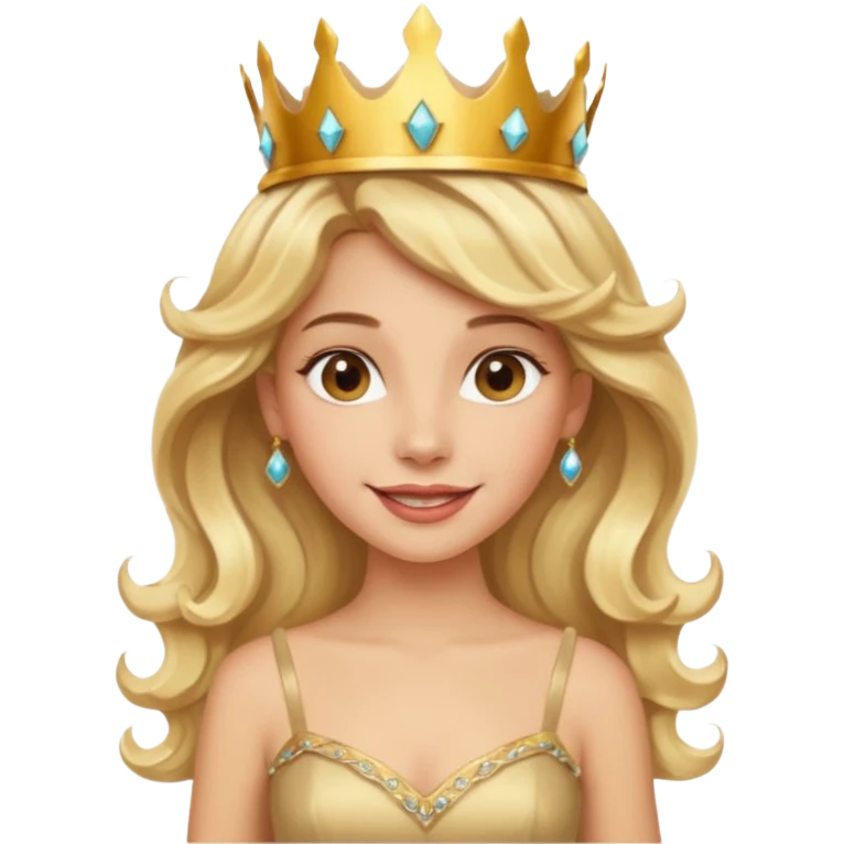Cheerful blonde latin princess with wavy hair and light gold dress, wearing crown emoji