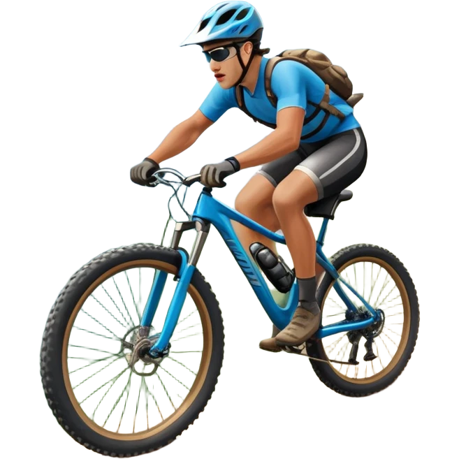 An icon featuring a mountain bike with thick tires on a rugged trail. A cyclist in a helmet rides downhill, kicking up dust. The background showcases a breathtaking mountain landscape with green slopes, rocky peaks, and a bright blue sky. Transparent background emphasizes adventure and speed emoji