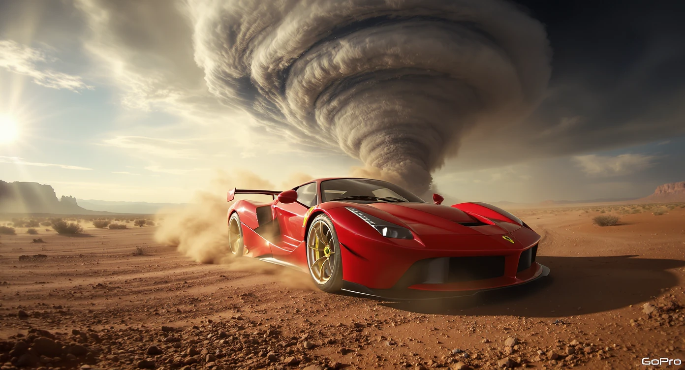 Cinematic still of a ferrari f40 around tornado od arizona desert, sun flare, big earth in background, captured by gopro hero with effect fisheye emoji