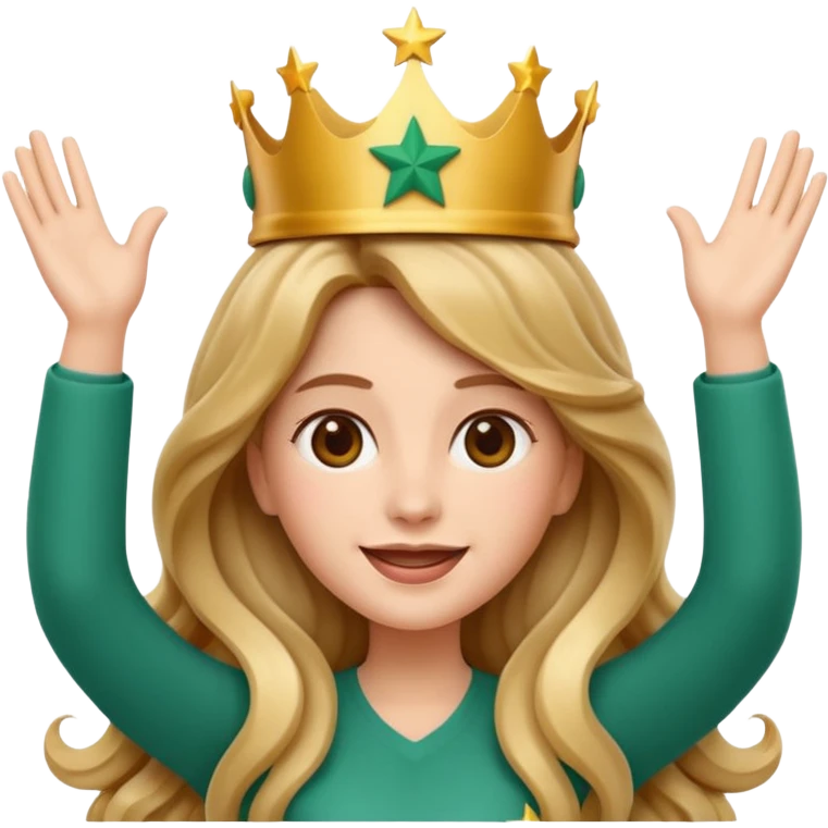Apple style 3D emoji of a young woman inspired by the Starbucks logo. She has long wavy hair on both sides, a crown with a star on her head, arms raised upward like in the Starbucks logo, with a calm smile. Smooth, shiny, simple emoji look. emoji