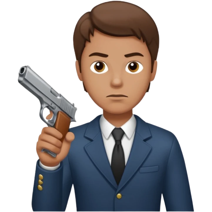 White guy with brown hair holding a hand gun like a cop would emoji