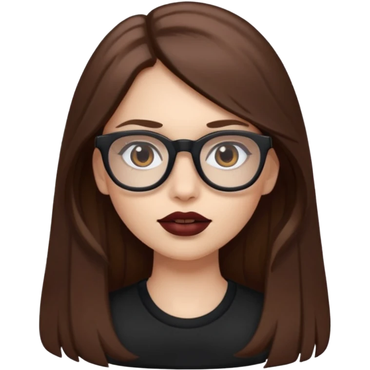 white-skinned girl with long brown hair with darker brown underlayer, brown glasses, brown lipstick, half-body emoji