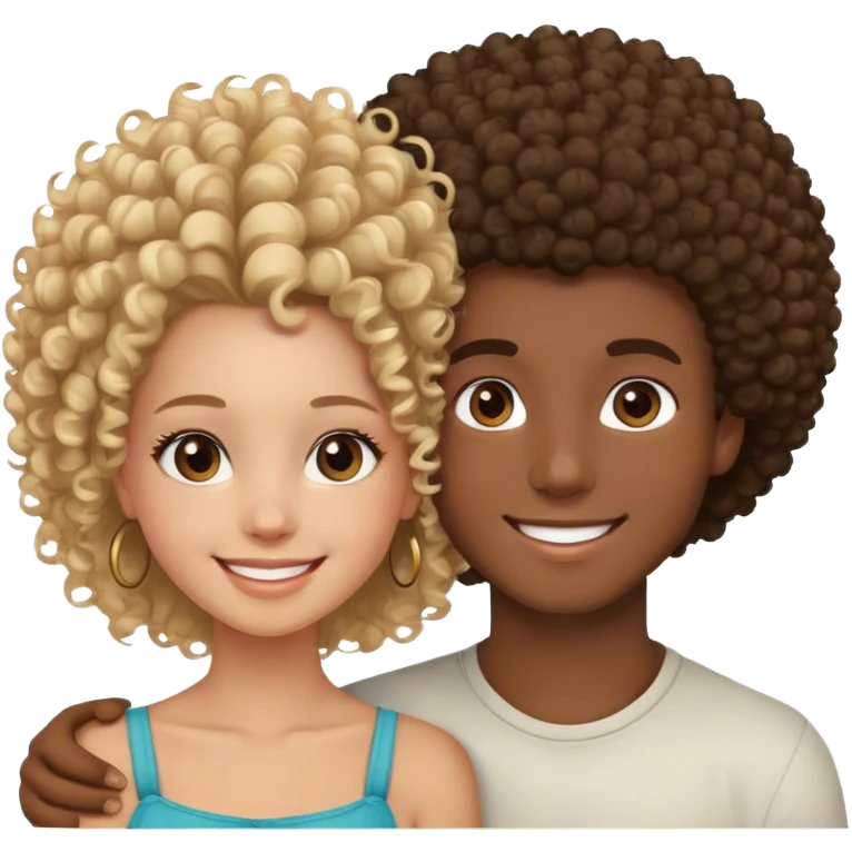 pareja, el chico rubio, caucásico, ojos marones claro, y con bonita sonrisa. La chica, morena de piel, rizada, rasgos afrodisíacos, linda y sonriente emoji