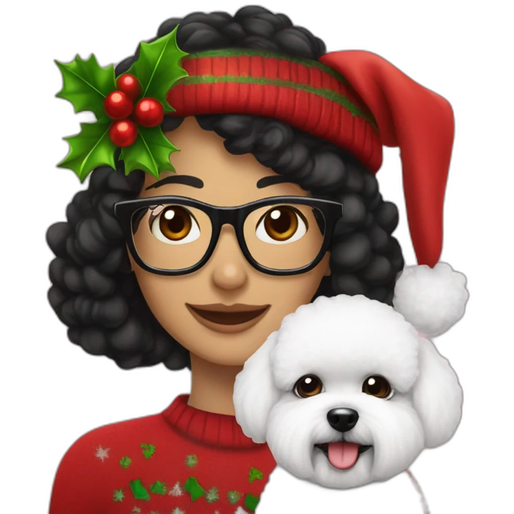 woman-black hair-christmas hat-with glasses-with bichon dog-white-smile emoji