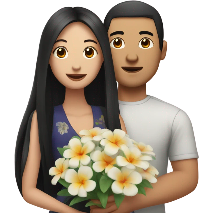 An asian woman with long black hair and an asian man holding a bouquet of flowers together emoji