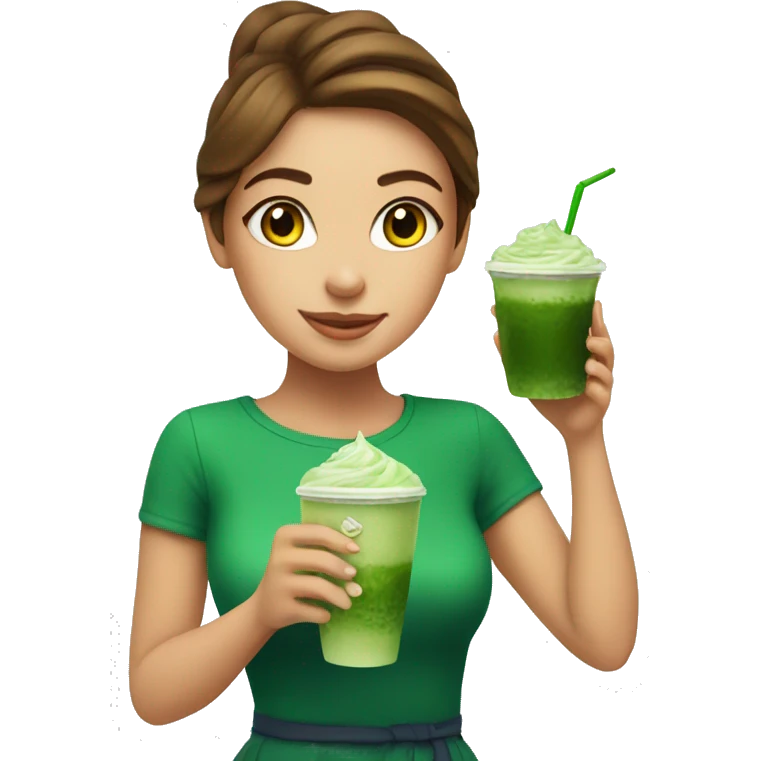 Beautiful girl with brawn hair holding cup of iced matcha  emoji