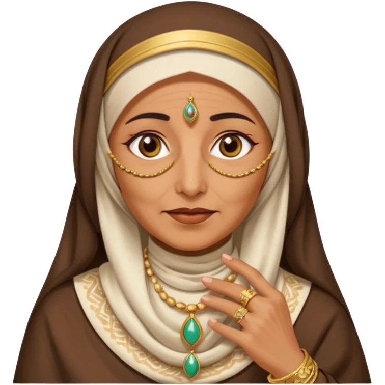 an old emirati women wearing traditional cloths covers her face with burg'a emoji