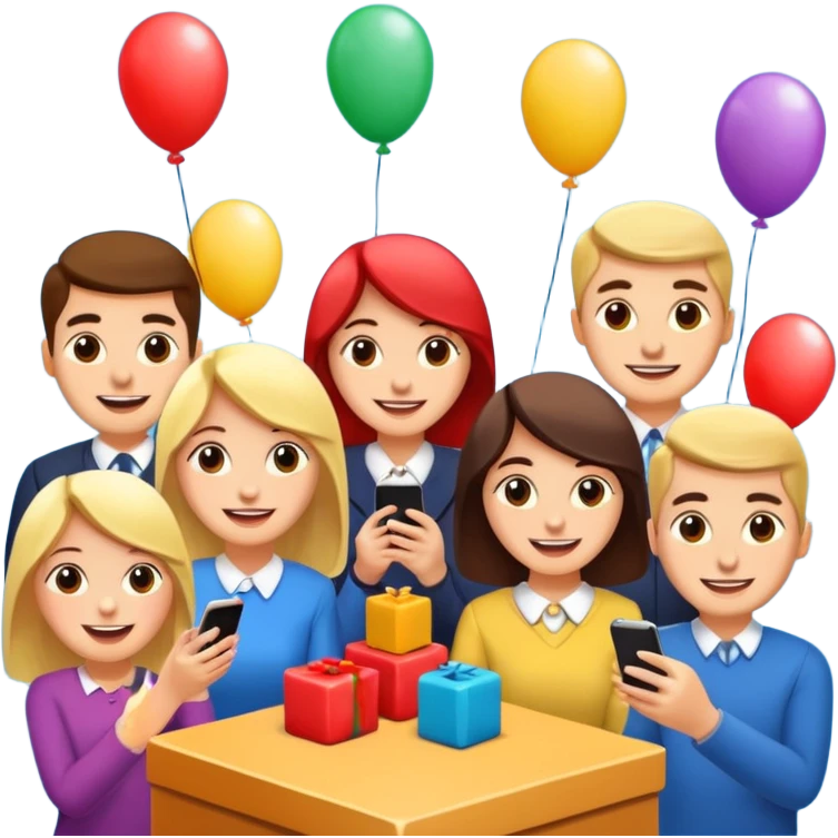 Party quiz with happy people no phone writing blocks emoji