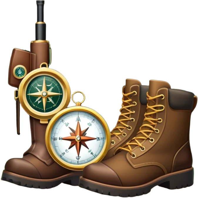 Icon for Hunting Tourism: a rifle, hunting boots, and a compass on a forest background, with a silhouette of wildlife in the distance. The icon should capture the adventure and connection with nature in hunting tourism. Transparent background. emoji