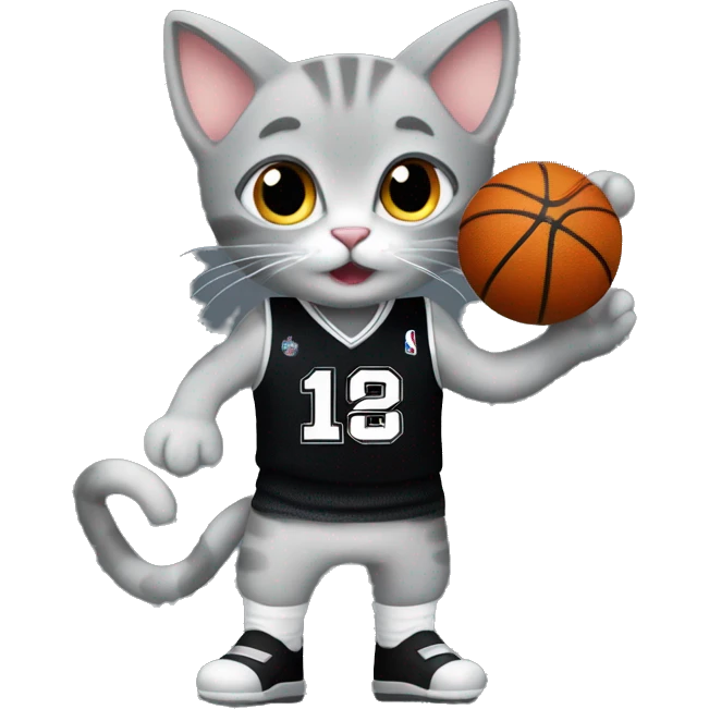 Grey kitten in a black San Antonio spurs jersey with the number 1 playing basketball  emoji