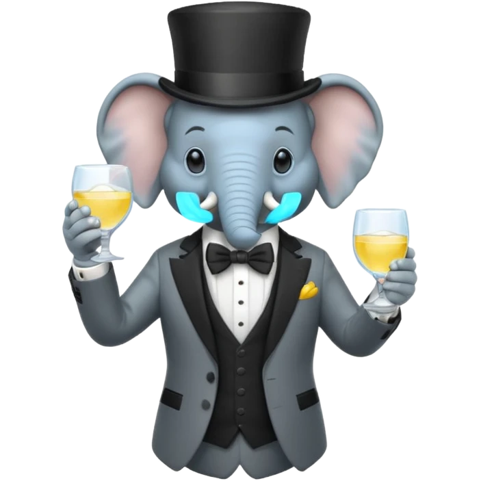 elephant wearing suit, bowtie and top hat, holding glass of water emoji