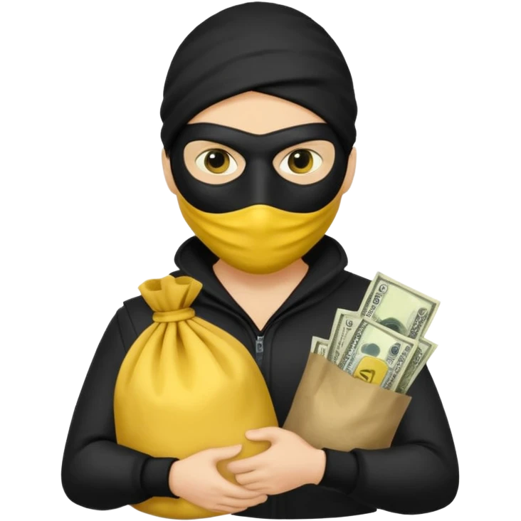 Ladrão com saco de dinheiro emoji efeito Mandela com pele amarelo com apenas a cabeça e os ombros aparecendo sem mãos emoji