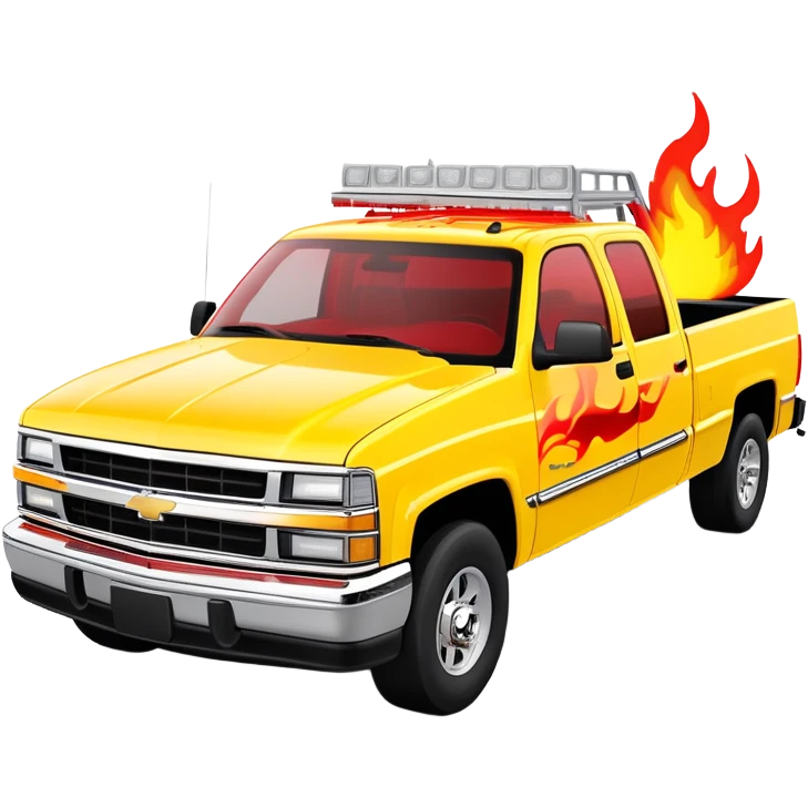 Bright yellow 1997 Chevy Silverado C-2500 Crew Cab with detailed red flame graphics on hood, 30-degree angle showing flames clearly, Kill Bill 'Pussy Wagon' truck, iOS emoji style emoji