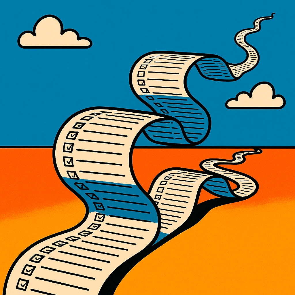 extremely long wavy to-do list with hundreds of tiny checkboxes, curling and looping like a cartoon snake, disappearing into the horizon, vibrant cartoon style emoji
