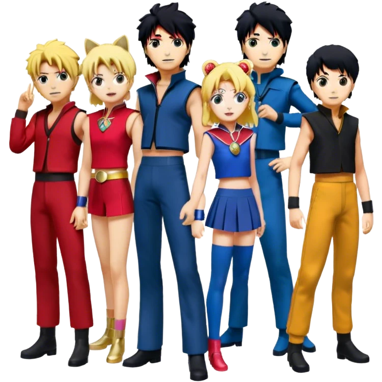 Icon for Anime Collage: Vibrant close-up collage Characters from Cowboy Bebop, Naruto, Bishoujo Senshi Sailor Moon and Kimetsu no Yaiba, each in their iconic poses and vibrant outfits, blended together with dynamic backgrounds. Transparent background. emoji