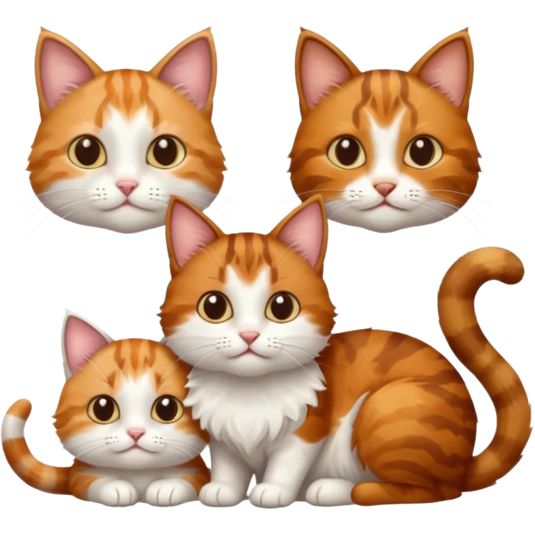 3 small cats different colours including brown tabby and white, patchy calico, and ginger and white emoji