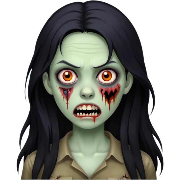 Girl zombie with black long hair with teeth and serious face IOS style emoji