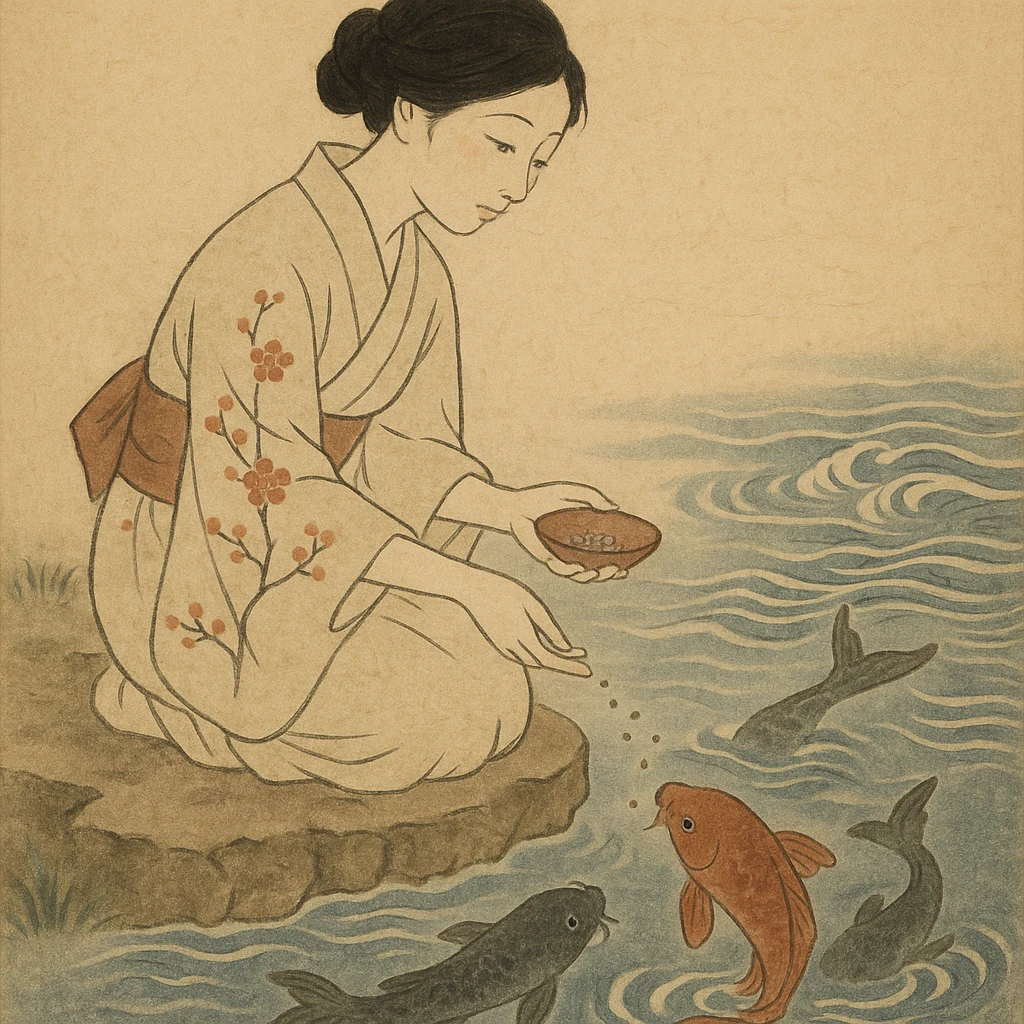girl feeding koi fish in a pond emoji