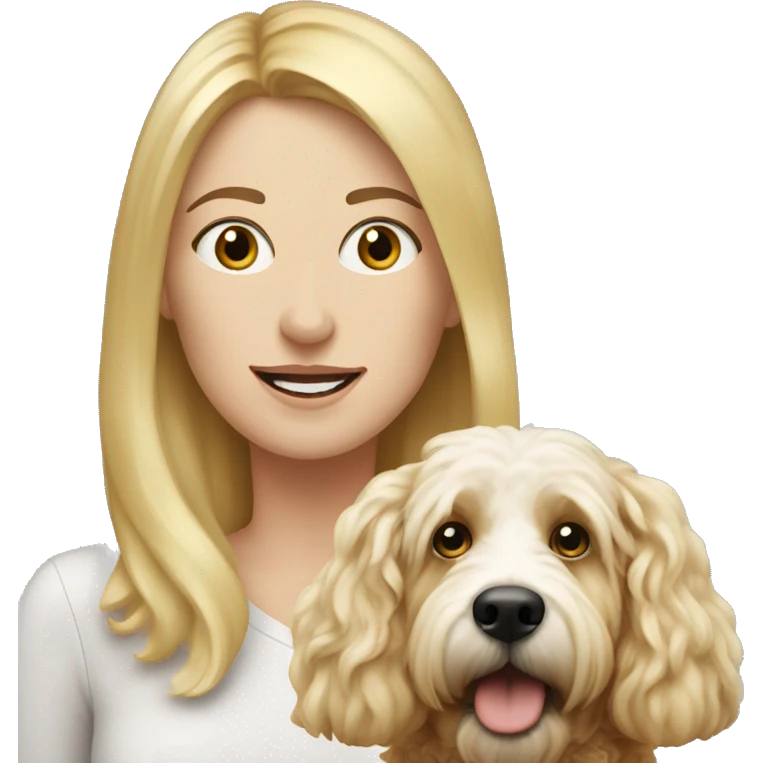 white woman with long blonde hair alongside a bernadoodle dog  emoji