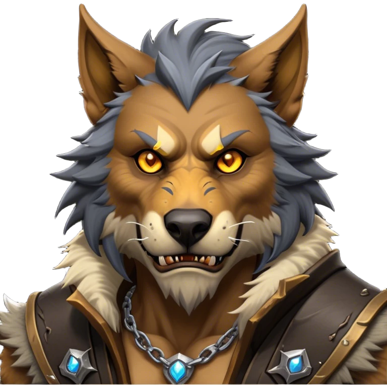 Cinematic Realistic WoW Worgen Portrait, head tilted epicly and inquisitively, showcasing the striking fusion of human intellect and beastly ferocity. His rugged fur and tanned skin, accented by piercing amber eyes and meticulously rendered worn leather garments, are bathed in dynamic lighting, high shine, epic and awe-inspiring, capturing the relentless spirit of a worgen at the apex of his power. emoji