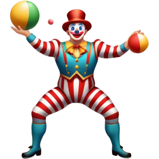 Icon for Circus Arts: a vibrant circus arena with a strongman in a striped costume, a juggler tossing colorful balls, and a clown. The icon should represent the energy and entertainment of the circus, with emphasis on performance and spectacle. Transparent background. emoji