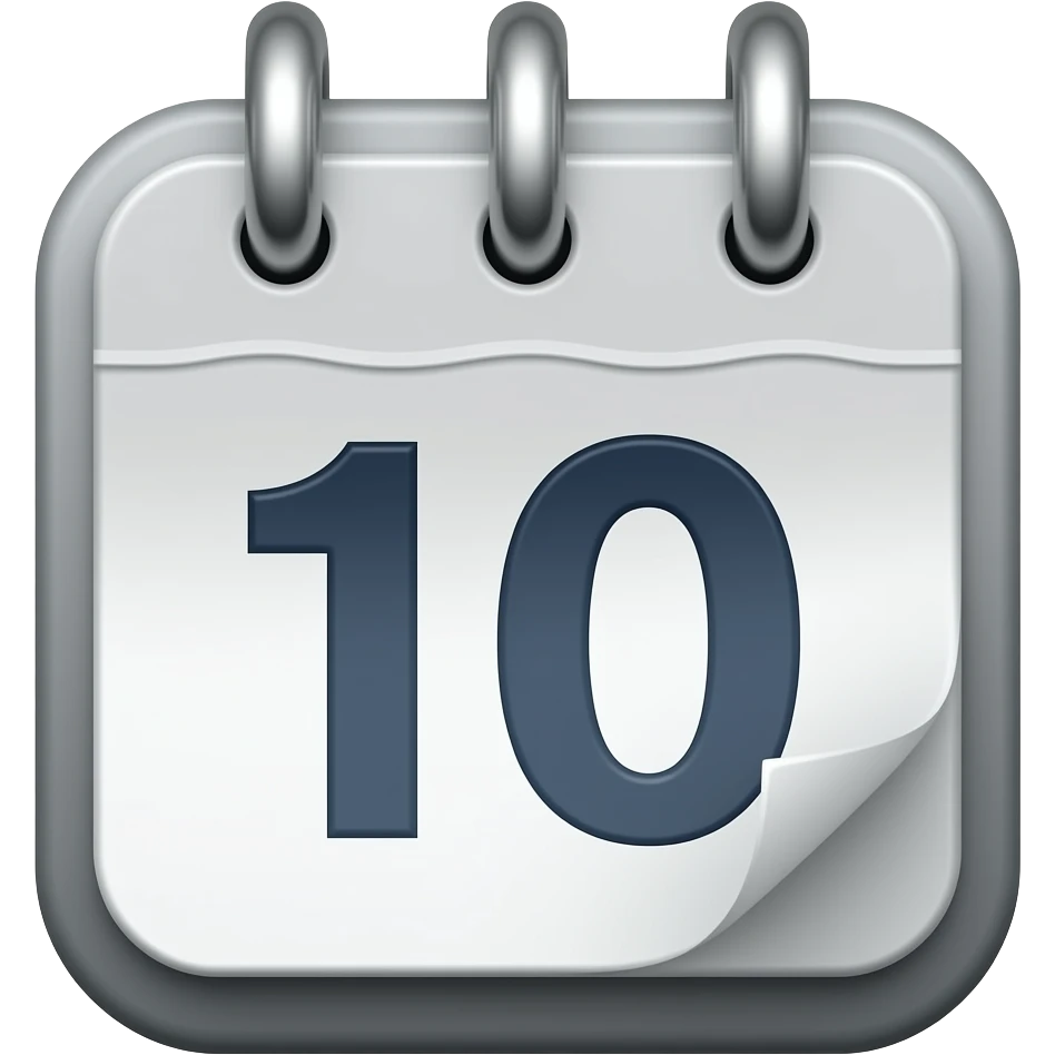 Create an Apple-style emoji icon that depicts a calendar in a three-dimensional perspective. The icon should highlight one day, the number 10. Use a deep blue color for the design. The icon should be clear and easy to read. emoji