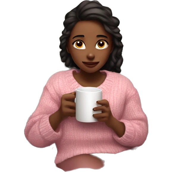 Christmas chill vibes girl on bed and wearing a pink sweater under it is a white shirt and she is watching tv and drinking hot chocolate  emoji