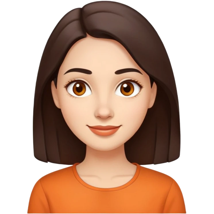 Warm enthusiastic woman with light skin, oval face, soft defined features, large expressive brown eyes, medium arched eyebrows, small nose, medium lips with relaxed smile, long dark brown hair, wearing an orange blouse emoji