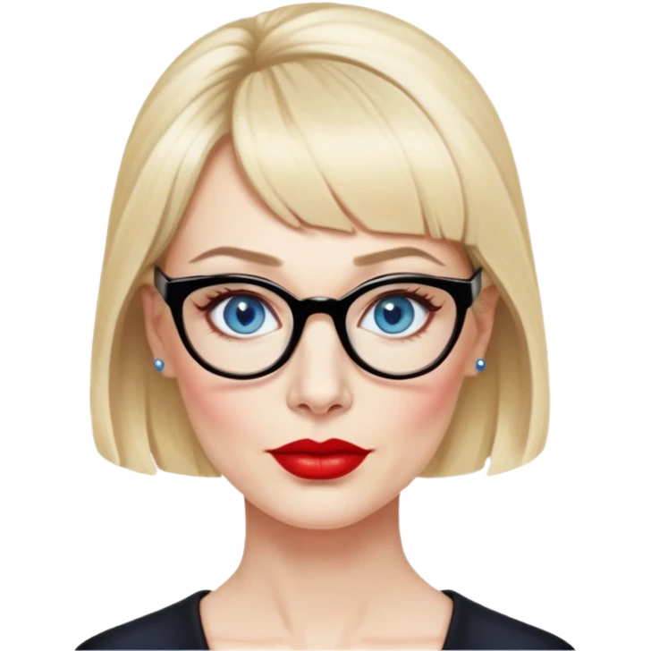 Woman in her early 50s with pale skin, wider face, blue eyes with eyeliner, thin eyebrows, red lipstick, blonde updo hair with bangs, wearing a black glasses  emoji