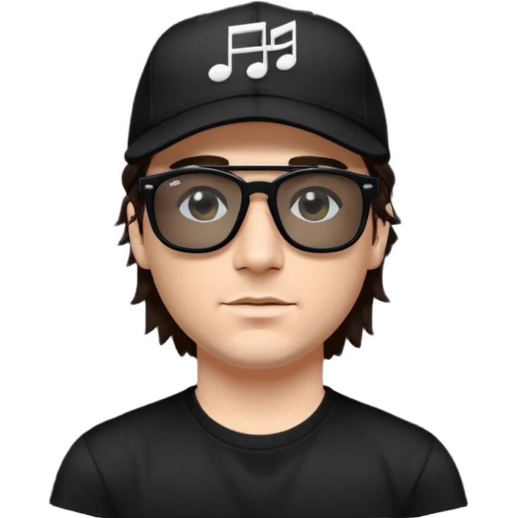 “Emoji of a white man with dark brown hair under a black baseball cap, wearing a black t‑shirt and 1980s‑style black Ray‑Ban rectangle sunglasses, with black musical notes floating around his head,  emoji